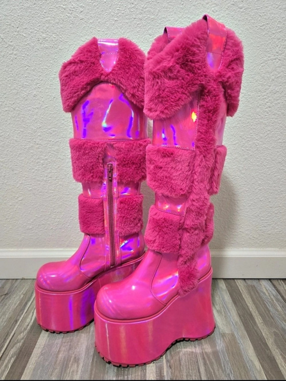 Demonia Camel-311 Pink Platform Faux-Fur Boots